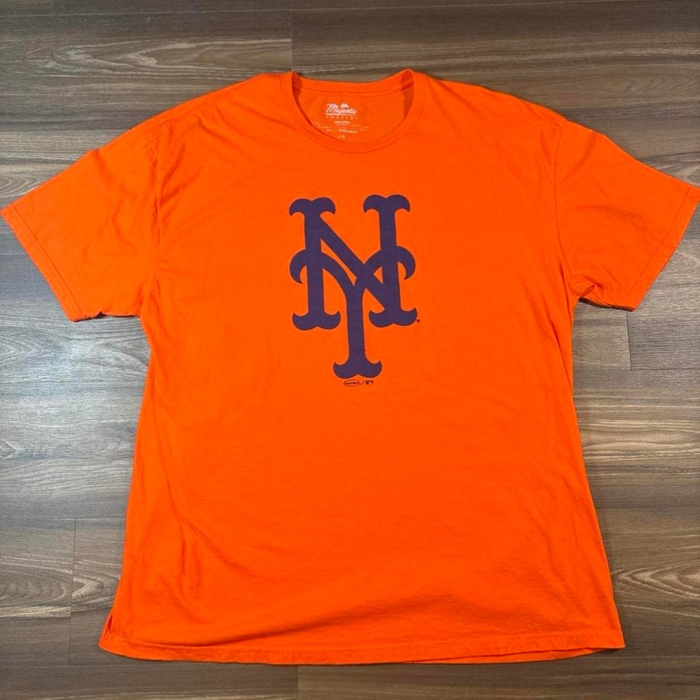 Majestic Athletic New York Mets orange cotton t-shirt with blue 'NY' logo